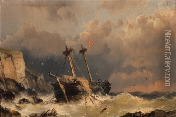 Shipwreck Near A Rocky Coastline Oil Painting - Johannes Hermanus Koekkoek