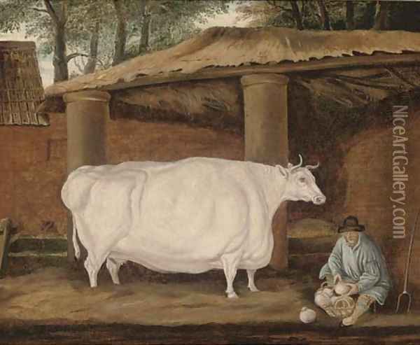 A cow and a farmer by a barn Oil Painting - Thomas Weaver