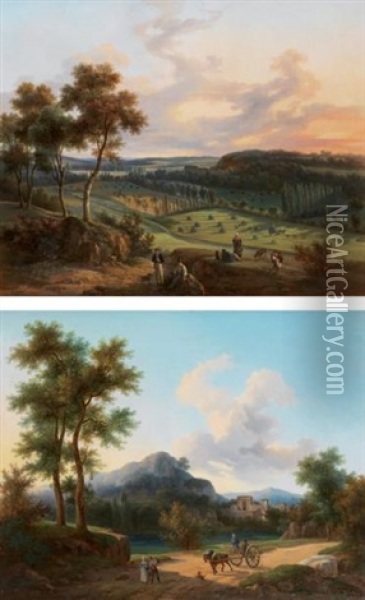 Paysage Avec Moissonneurs Et Les Travaux Dans Les Champs (pair) Oil Painting - Jean-Baptiste Jules Trayer