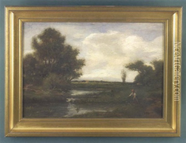 Country Landscape With Man Fishing At A Pond, With Trees In The Foreground And A Town In Background Oil Painting - Edward Bannister