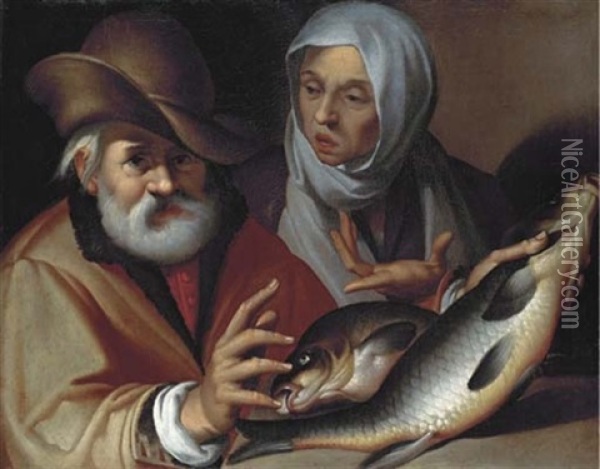 An Old Couple Selling Fish (collab. W/studio Of Passarotti) Oil Painting - Bartolomeo Passarotti