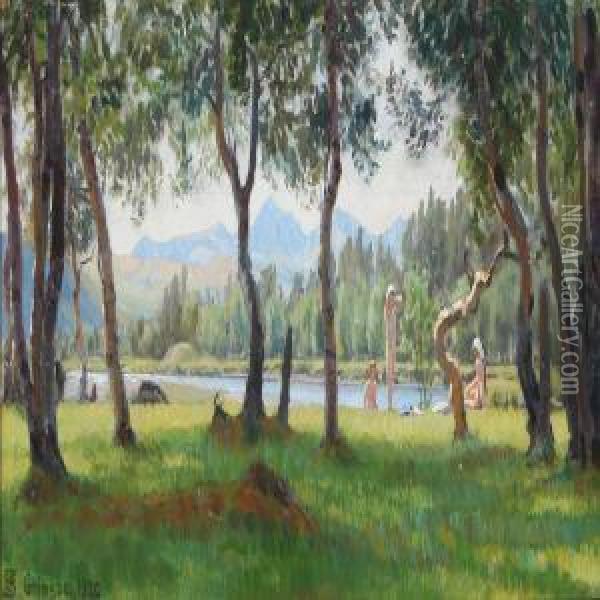 Scenery From A Lake With Naked Women Oil Painting - Niels Skovgaard
