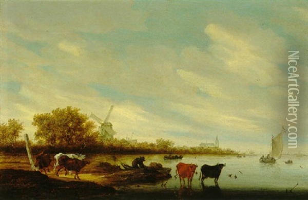 An Extensive River Landscape With Cows Watering, A Village With A Mill And A Church Nearby Oil Painting - Salomon van Ruysdael