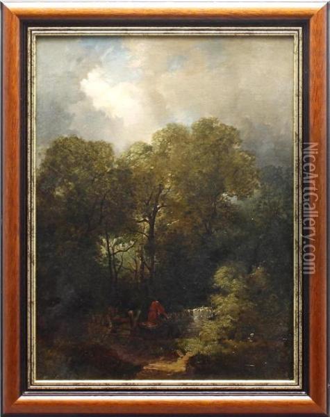 Figure Beside A Stile In A Wooded Landscape Oil Painting - Henry John Boddington