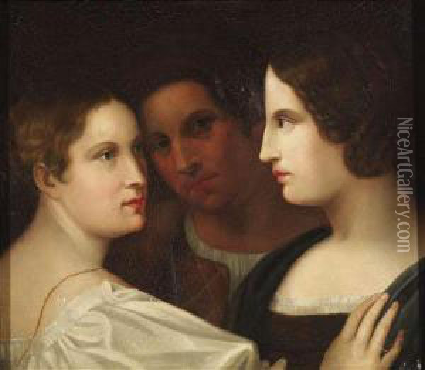 Triple Portrait Of A Gentleman With Two Ladies As Aportrait Of Friendship In The Spirit Of The Romantic Movement Oil Painting - Friedrich Wilhelm von Schadow