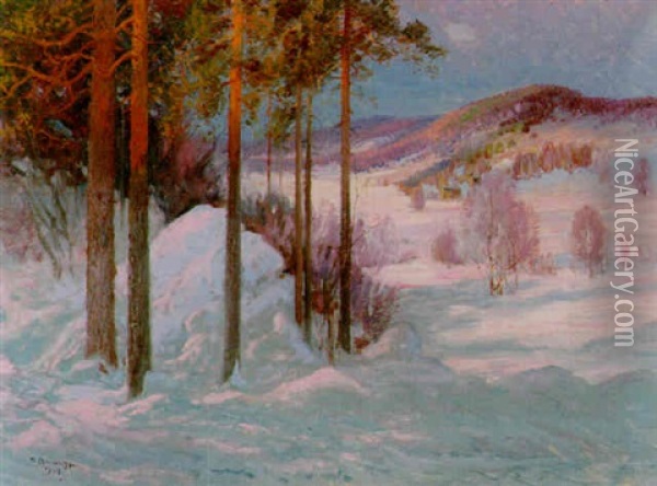 Solbelyst Vinterlandskap Oil Painting - Carl Brandt