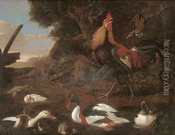 Cock, a hen, ducks and ducklings in a river landscape Oil Painting - Francis Barlow