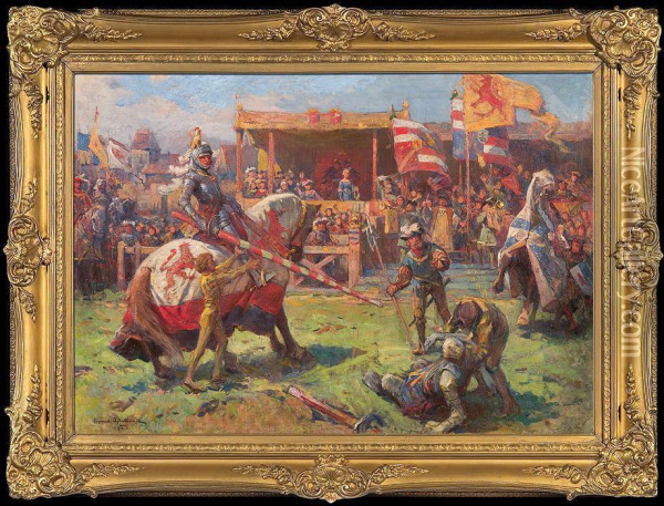 At The Tournament Oil Painting - Sigismund Ajdukiewicz