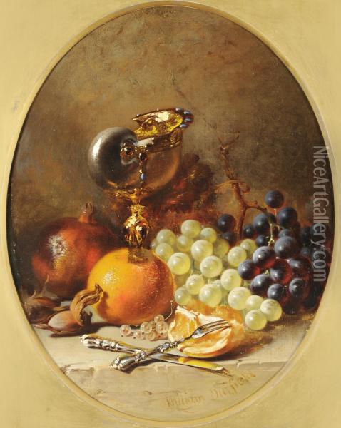 Still Life Of Fruit And A Drinking Vessel, With Silver Cutlery In The Foreground Oil Painting - William Duffield
