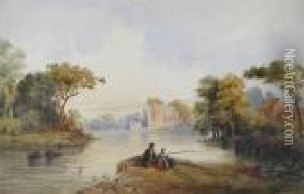 A Father And Child Fishing, A Ruin Beyond Oil Painting - Anthony Vandyke Copley Fielding