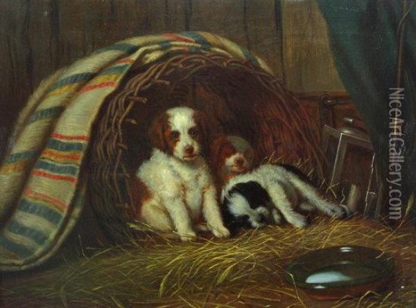 Puppies In A Basket Oil Painting - Ernest Laddey