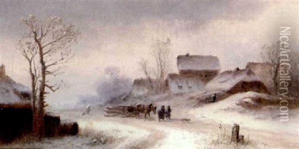 Verschneite Winterlandschaft Mit Pferdefuhrwerk Und Spaziergangern Oil Painting - Anton Doll