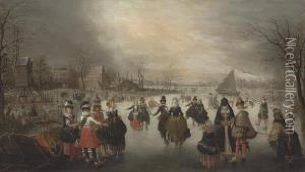 A Winter Landscape With Elegant Skaters On A Frozen Lake Oil Painting - Adam van Breen