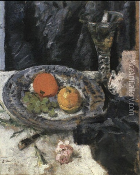 Mixed Fruit On A Plate With A Wine Glass And Carnation On A Table Oil Painting - George Leslie Hunter