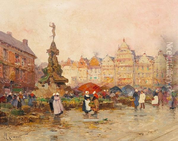 Grote Markt, Antwerp, Belgium; Grote Markt,nijmegen, Netherlands (a Pair) Oil Painting - Eugene Galien-Laloue