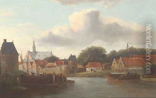 A Dutch river town with barges Oil Painting - Cornelis Springer
