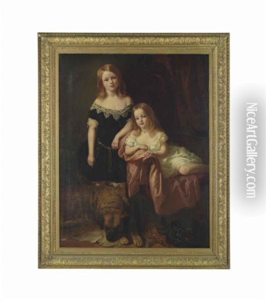 Portrait Of Two Children With Their Dog In An Interior Oil Painting - Hugh Ford Crichton