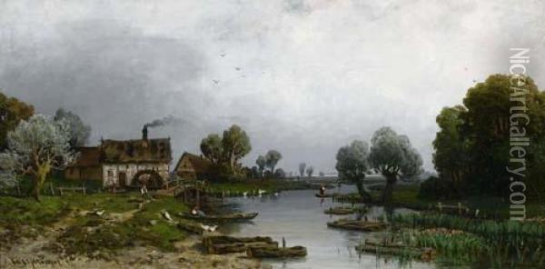 Bauern Am Fluss. Oil Painting - Carl Johann Kruger