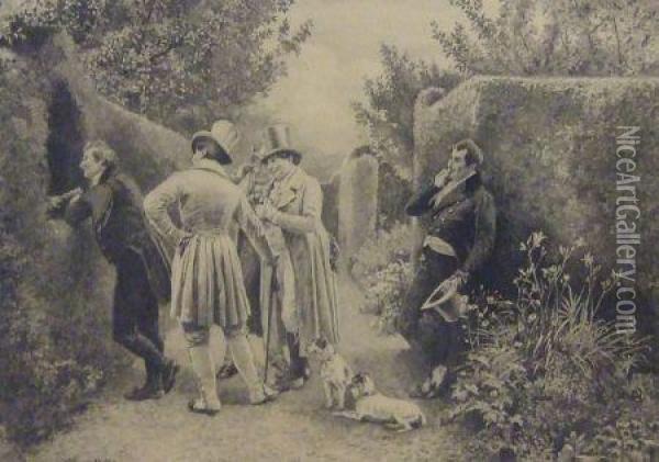 Group Of Gents In Top Hats With Two Dogs In A Garden Oil Painting - Walter-Dendy Sadler