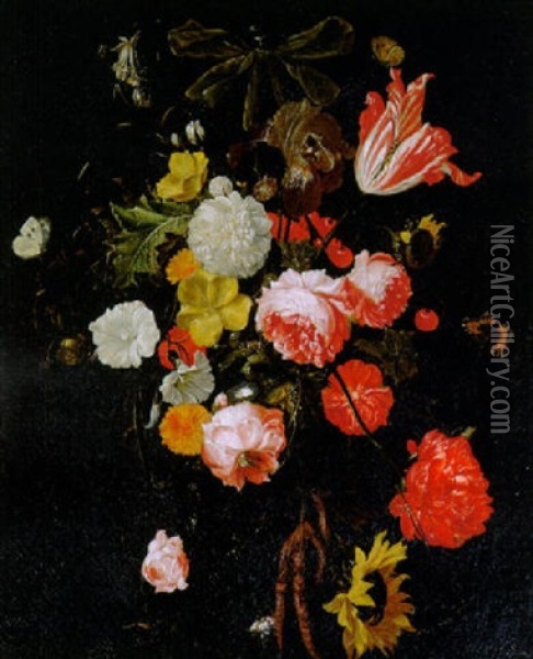 A Swag Of Tulips, Roses, Sunflowers, Poppies, Carnations And Other Flowers Hanging From A Ribbon, At A Stone Niche Oil Painting - Cornelis De Heem