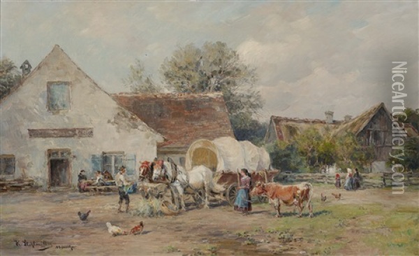 In Front Of The Village Inn Oil Painting - Karl Stuhlmueller