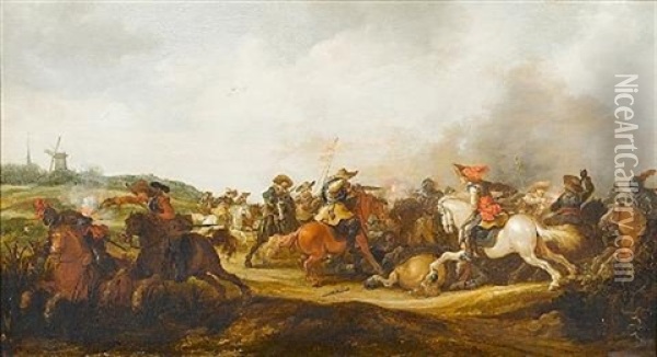A Cavalry Skirmish With A Windmill Beyond Oil Painting - Jan de Martszen the Younger