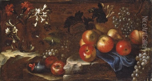 Nature Morte Aux Pommes, Raisins Et Fleurs Oil Painting - Tommaso Realfonso