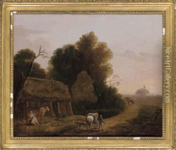 A Maid Milking A Cow Beside A Country Road Oil Painting - Thomas Barker of Bath
