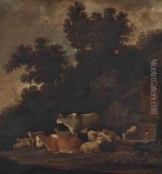 A Wooded Landscape With Cattle, Sheep And Goats By A Fountain Oil Painting - Govert Dircksz Camphuysen