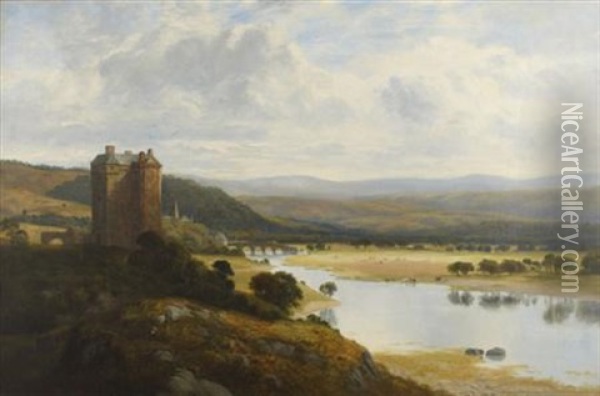 A Highland River Landscape With Tower Oil Painting - William Beattie-Brown