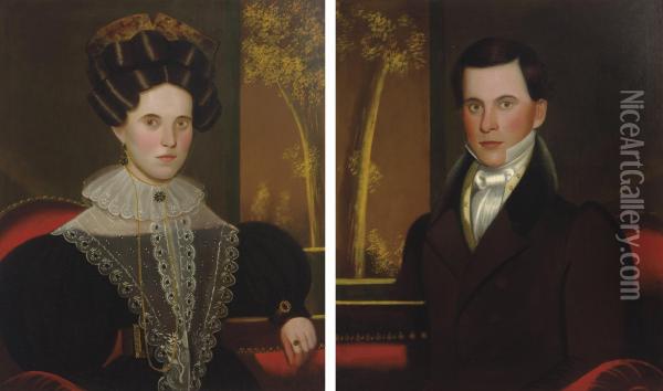 Pair Of Portraits Of A Lady And A Gentleman: Possibly Martha[coggswell] And Franklin Colburn Oil Painting - John Samuel Blunt