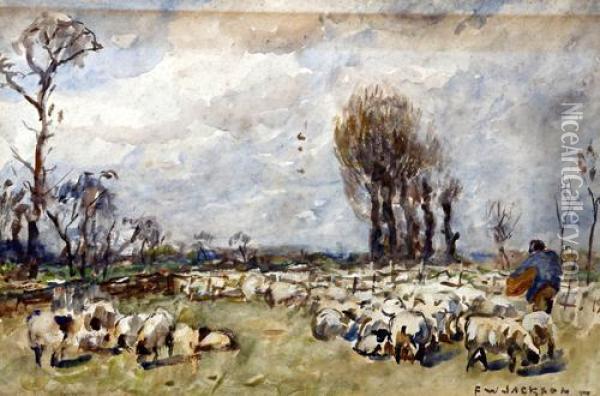 Shepherd And Flock In A Meadow Oil Painting - Frederick William Jackson