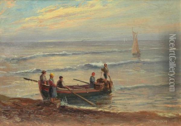 Pescatori In Riva Al Mare Oil Painting - Leonardo Roda