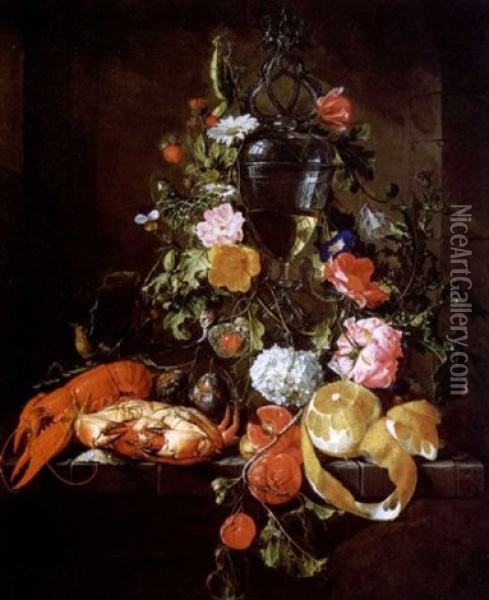 Nature Morte Aux Fruits, Fleurs Et Crustaces Oil Painting - Cornelis De Heem