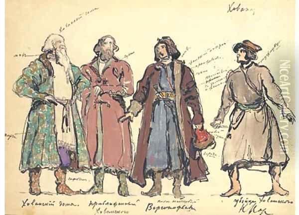 A group of costume designs for Khovanshchina Khovanskii Oil Painting - Konstantin Alexeievitch Korovin