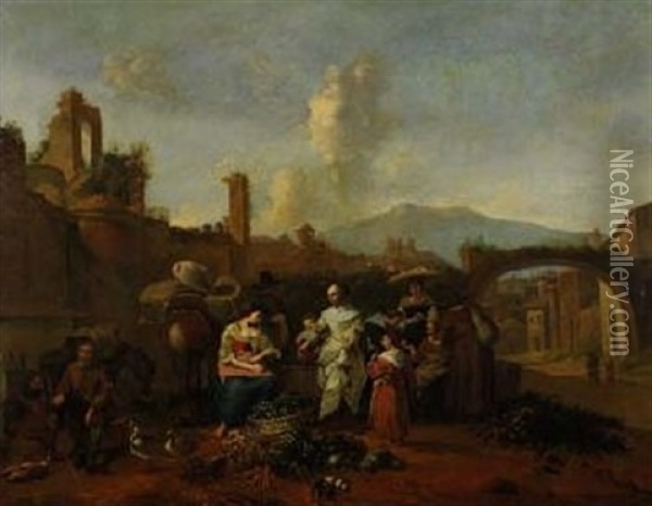Markt In Einer Alten Italienischen Stadt Oil Painting - Hendrick Mommers