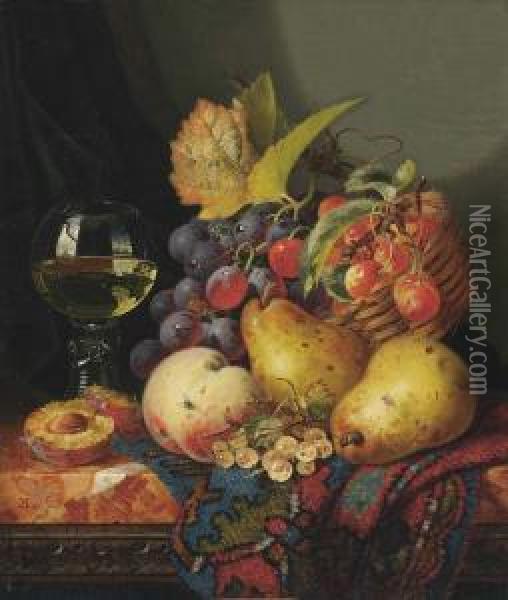 Still Life With Red Grapes And 
Cherries In A Wicker Basket, Two Pears, Whitecurrants, A Peach, A Split 
Plum And A Roemer, On A Marble Topped Oil Painting - Edward Ladell