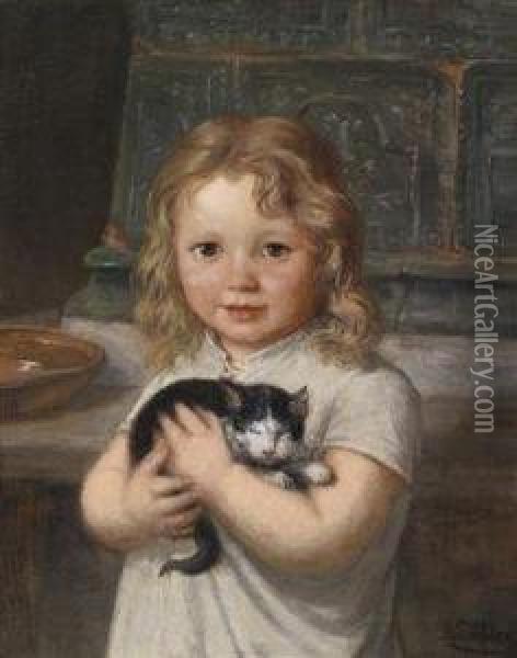 Girl With Kitten Oil Painting - Georg Teibler