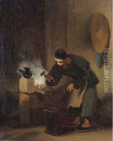 A Chinese Blacksmith Oil Painting - George Chinnery