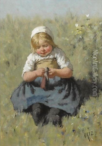 A Girl Playing With A Doll Oil Painting - David Adolf Constant Artz