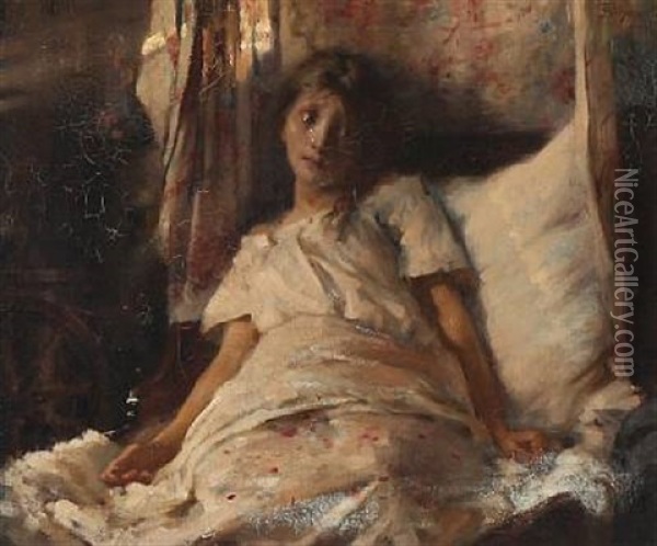 A Crying Girl In Bed Oil Painting - Frans Schwartz