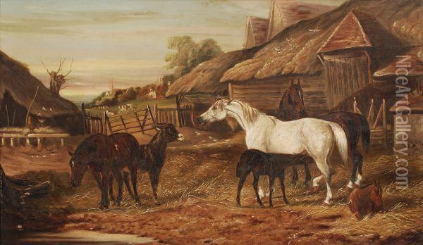 Horses And Foals In A Farmyard Oil Painting - John Frederick Herring Snr