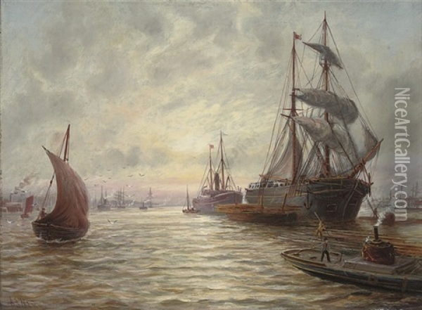 A Busy Day On The Tyne (+ Working Tugs On The River; 2 Works) Oil Painting - Bernard Benedict Hemy