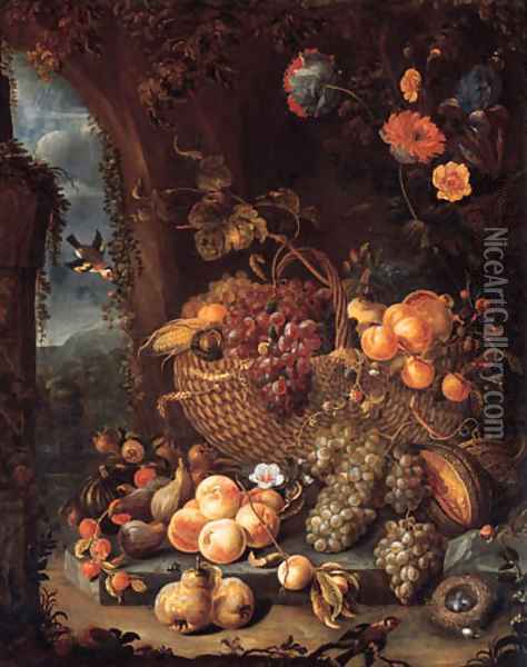 A basket of grapes and other fruit Oil Painting - Hendrick Schoock