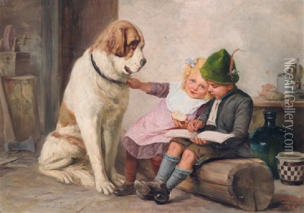 Die Zeichenstunde (die Geschwister Willi Und Maria Strauss) Oil Painting - Paul Hermann Wagner