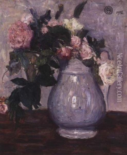 Roses In Blue Water Pitcher Oil Painting - Maurice Grun