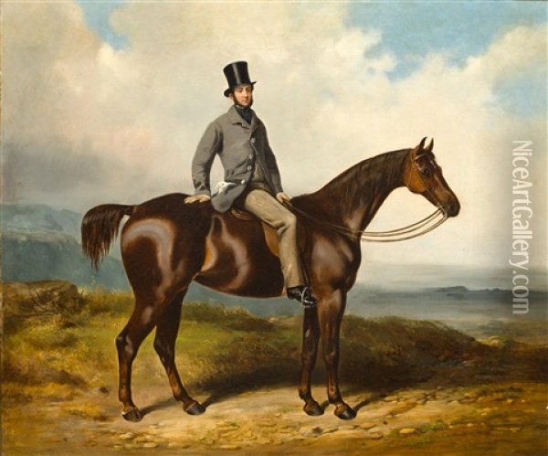 A Gentleman On A Chestnut Hunter Oil Painting - Henry Barraud