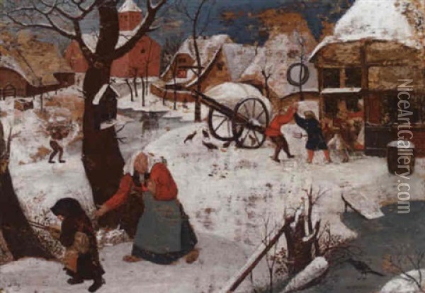 A Winter Landscape With Peasants In A Village Oil Painting - Pieter Brueghel the Younger