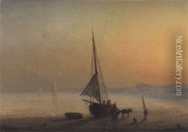 Beached Fishing Boat, Sunset Oil Painting - Henriette Gudin