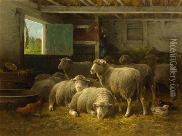Sheep In A Stall Oil Painting - Cornelis van Leemputten